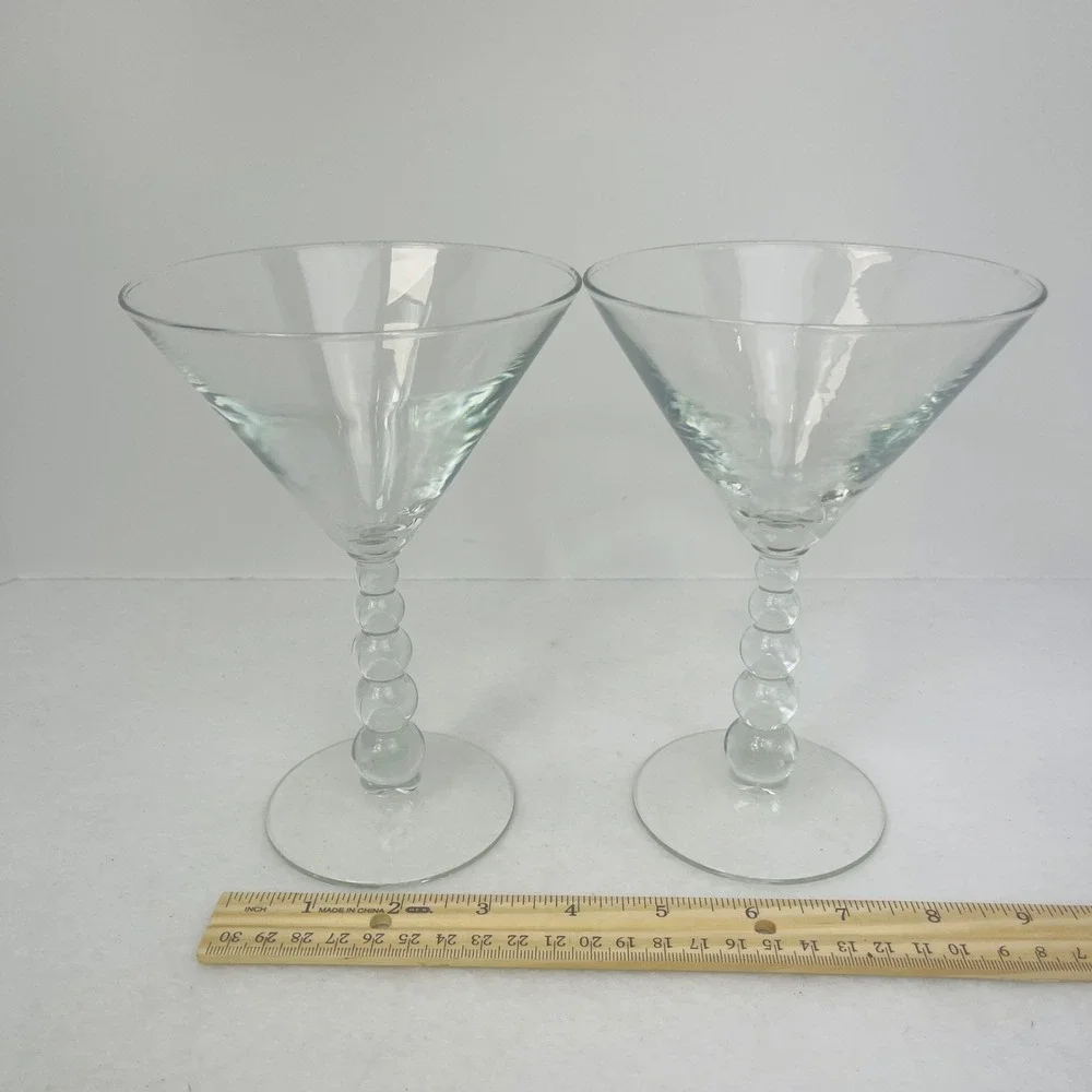 Set of 2 Clear Martini Glasses Stacked Ball Bubble Stem Cocktail Barware 7.25in